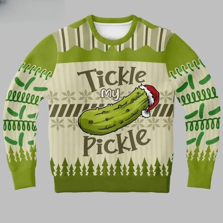 Tickle My Pickle Funny Ugly Christmas Sweater, Santa Hat Dill Holiday Sweater, Green Xmas Party Outfit For Gherkin Fans