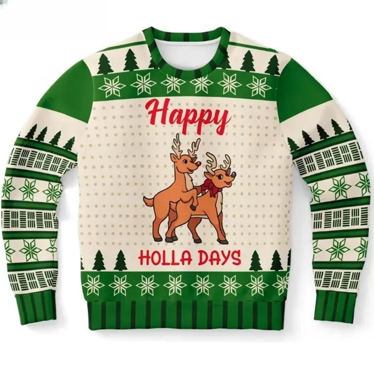 Happy Holla Days Funny Reindeer Ugly Christmas Sweater, Naughty Adult Humor Holiday Sweater, Green And Cream Xmas Party Outfit