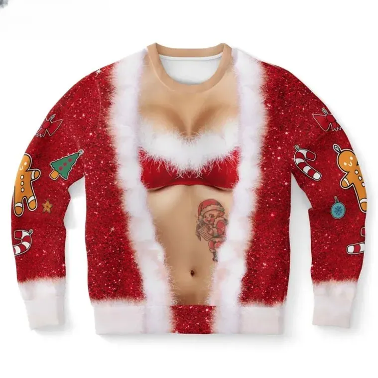 Miss Santa Funny Ugly Christmas Sweater, Sexy Mrs Claus Costume Holiday Sweater With Gingerbread Sleeves, Xmas Party Outfit For Women