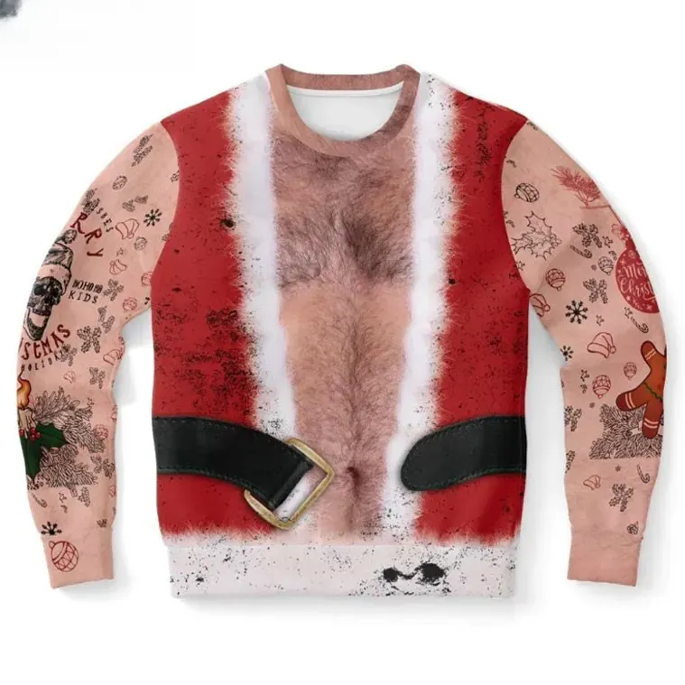 Hairy Chest Santa Suit Funny Ugly Christmas Sweater, Santa Claus Costume Holiday Sweater, Unisex All Over Print Xmas Party Sweatshirt