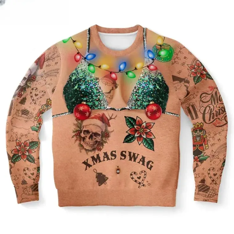 Xmas Swag Happy Holidays Tattoo Bikini Body Funny Ugly Christmas Sweater, Fake Body Print Holiday Sweater, Unisex Xmas Party Sweatshirt