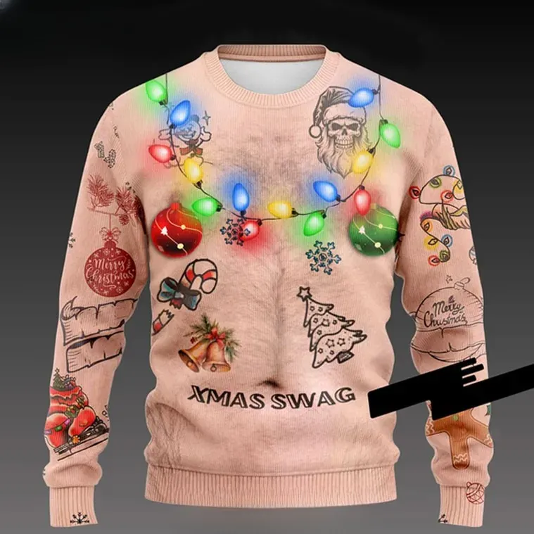 Xmas Swag Ugly Christmas Sweater, Funny Hairy Chest Tattoo Holiday Sweater With Glowing Lights, Naughty Novelty Party Outfit For Men