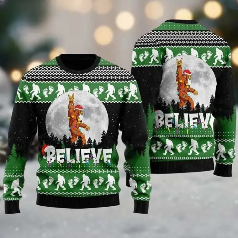 Bigfoot Believe Ugly Christmas Sweater, Sasquatch Full Moon Holiday Sweater, Funny Camping Xmas Jumper For Hikers And Nature Lovers
