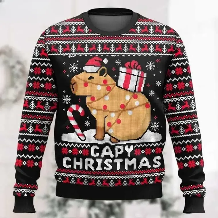 Capy Christmas Capybara Ugly Sweater, Cute Pixel Animal Holiday Sweater With Wrapped Box And Candy Cane, Black Red Xmas Sweatshirt
