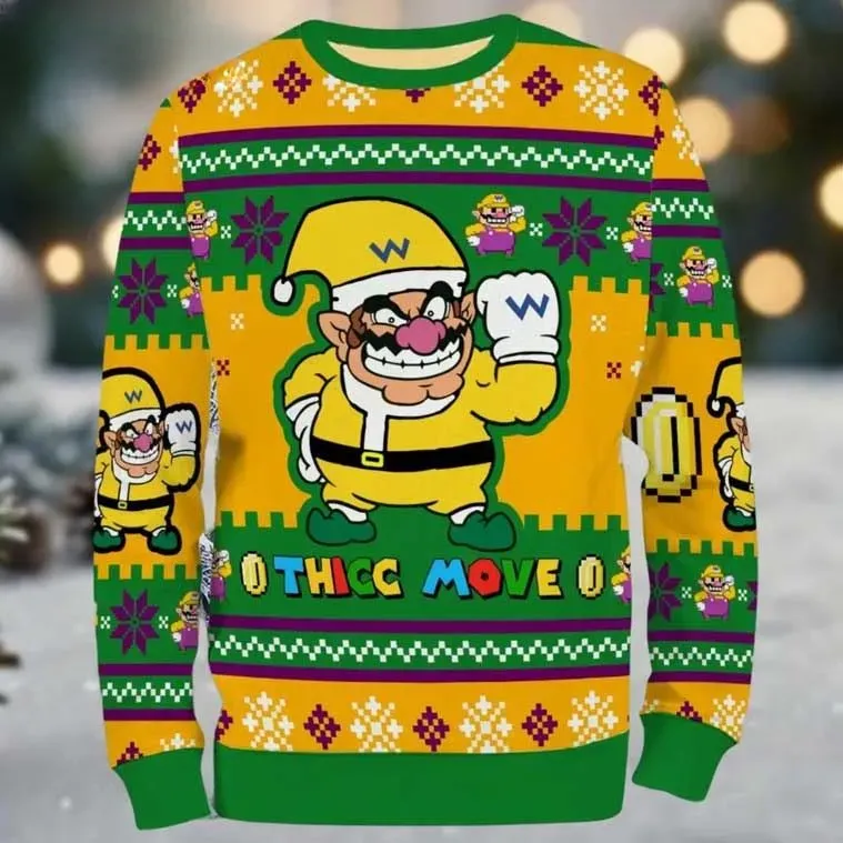 Wario Thicc Move Super Mario Ugly Christmas Sweater, Funny Gamer Holiday Sweater, Unisex All Over Print Xmas Sweatshirt for Mario Fans