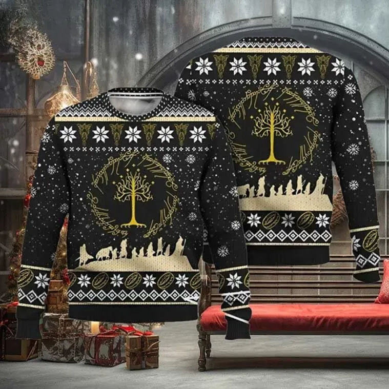 Tree Of Gondor Lord Of The Rings Ugly Christmas Sweater, Fellowship Silhouette Holiday Sweater, Black Gold Tolkien Xmas Sweatshirt