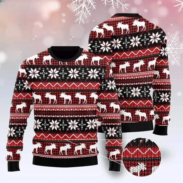 Moose Merry Chrismoose Ugly Christmas Sweater, Red Buffalo Plaid Holiday Sweater, Snowflake Fair Isle Xmas Sweatshirt, Cabin Lodge Outfit