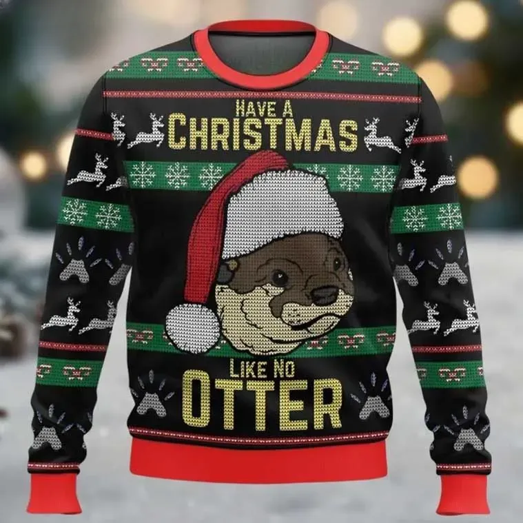 Otter Have A Christmas Like No Otter Ugly Christmas Sweater, Funny Sea Animal Wildlife Pun Holiday Sweater, Santa Hat Black Green Xmas Sweatshirt