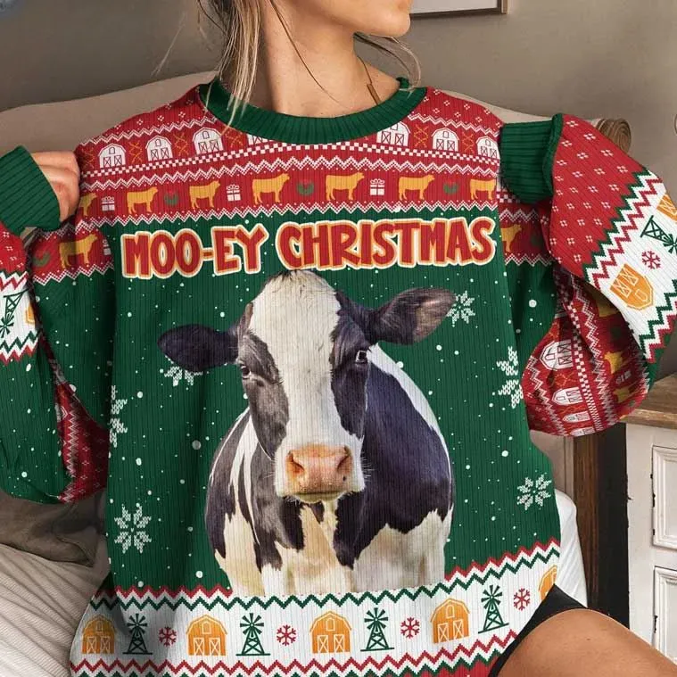 Cow Moo-ey Christmas Ugly Sweater, Funny Holstein Dairy Farm Animal Holiday Sweater, Xmas Sweatshirt With Red Barns For Farmers