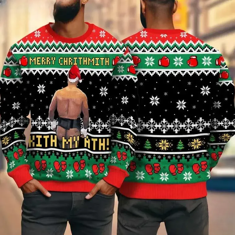 Mike Tyson Funny Kith My Ath Ugly Christmas Sweater, Merry Chrithmith Boxing Holiday Sweater, Red Green Black Xmas Sweatshirt