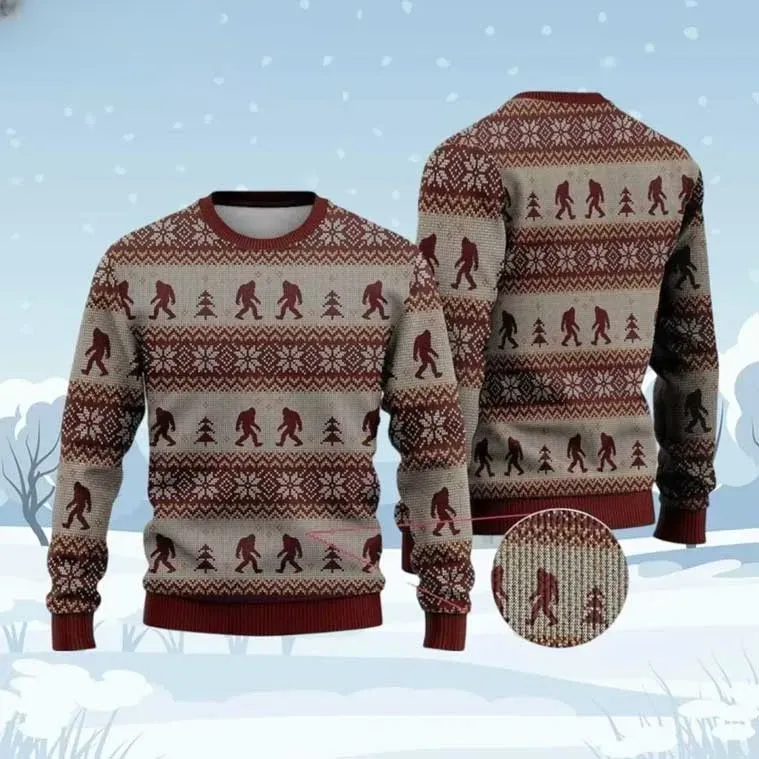 Bigfoot The Sasquatch Funny Ugly Christmas Sweater, Cryptid Fair Isle Holiday Sweater, Brown Beige Knit Xmas Sweatshirt, Camping Lover Outfit