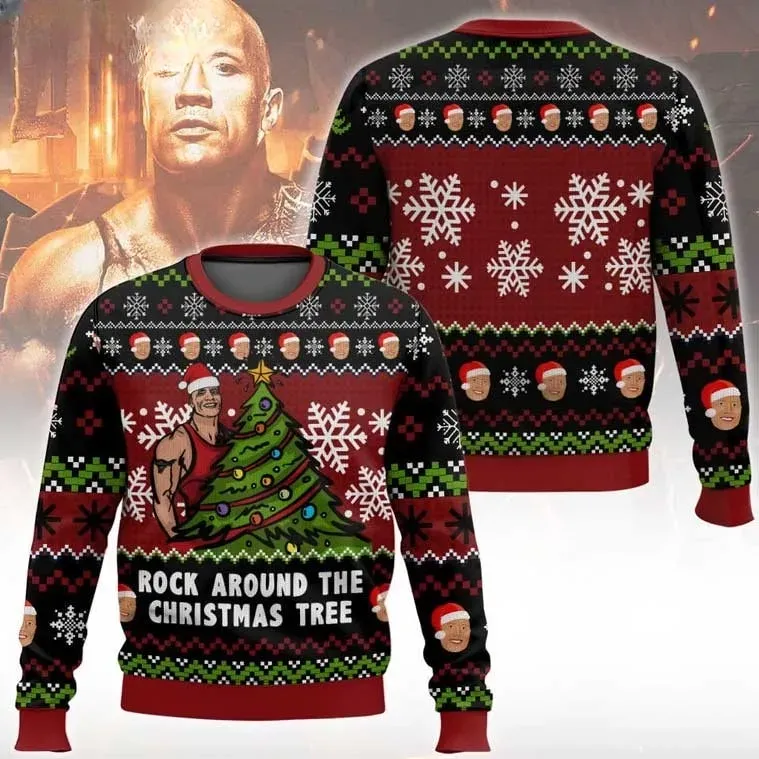 Rock Around The Christmas Tree The Rock Dwayne Johnson Ugly Sweater, Funny Santa Hat Holiday Sweater, Black Red Green Xmas Sweatshirt