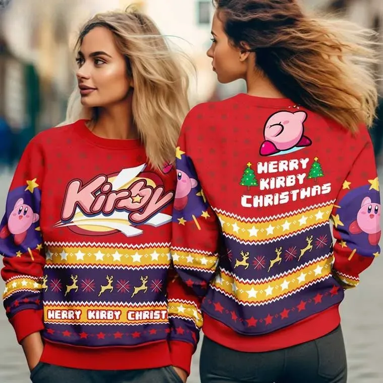 Merry Kirby Christmas Video Game Ugly Sweater, Pink Puffball Gamer Holiday Sweater, Red Purple Knit Xmas Sweatshirt, Retro Gaming Fan Outfit
