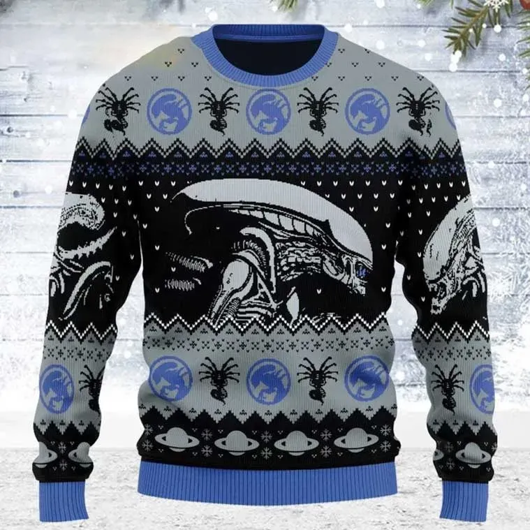 Christmas Alien Xenomorph Facehugger Ugly Sweater, 90s Horror Movie Sci-Fi Holiday Sweater, Black Grey Blue Knit Xmas Sweatshirt