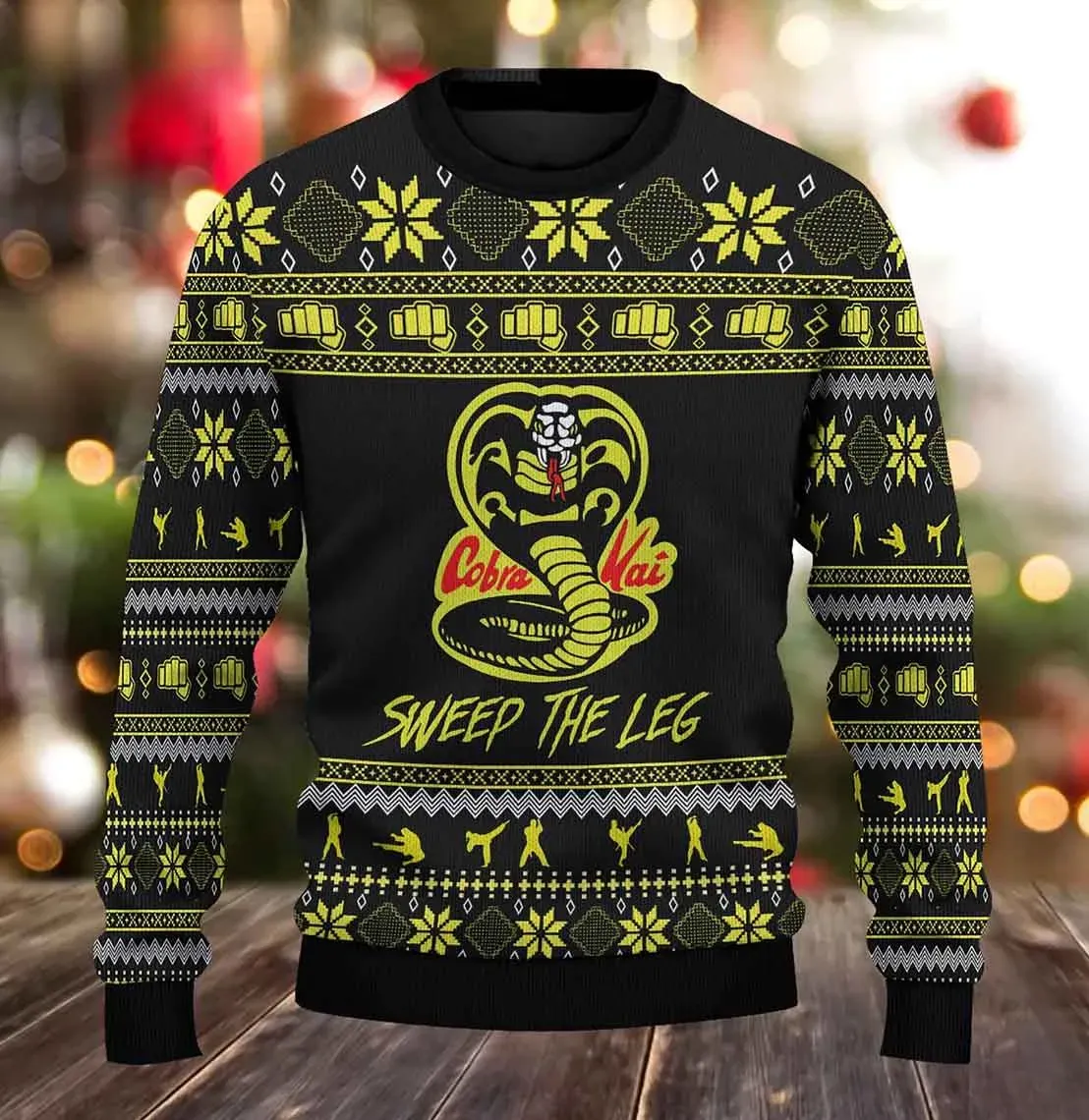 Cobra Kai Snake Christmas Ugly Sweater, Sweep the Leg Karate Kid Holiday Sweater, Black and Yellow Dojo Xmas Sweatshirt