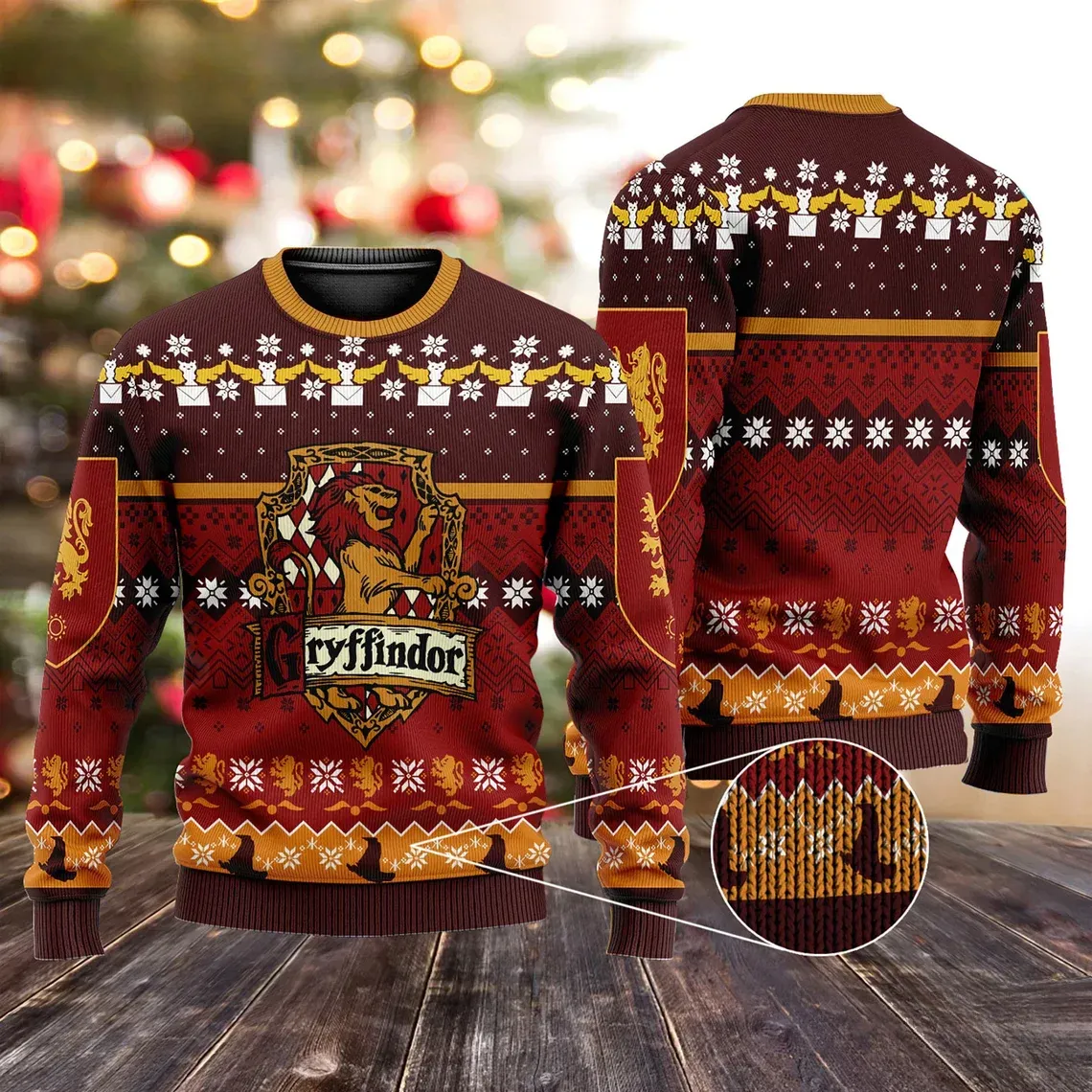 Harry Potter Gryffindor Crest Christmas Ugly Sweater, Hogwarts House Lion Holiday Sweater, Wizard Xmas Sweatshirt for Fans