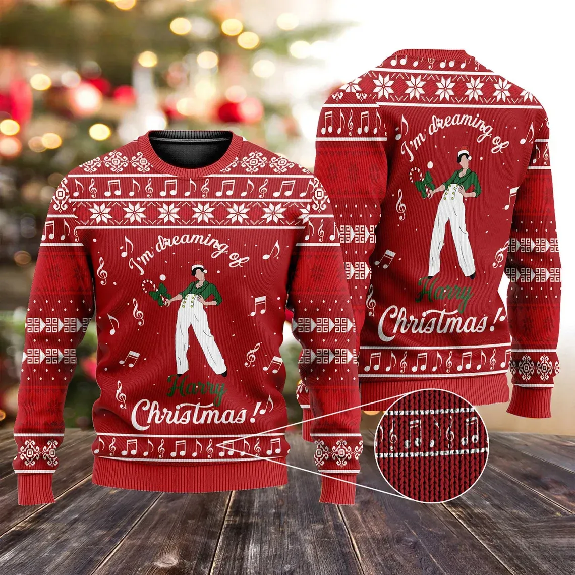 Harry Styles Christmas Ugly Sweater, I'm Dreaming of a Harry Christmas Holiday Sweater, Music Note Red Xmas Sweatshirt for Fans