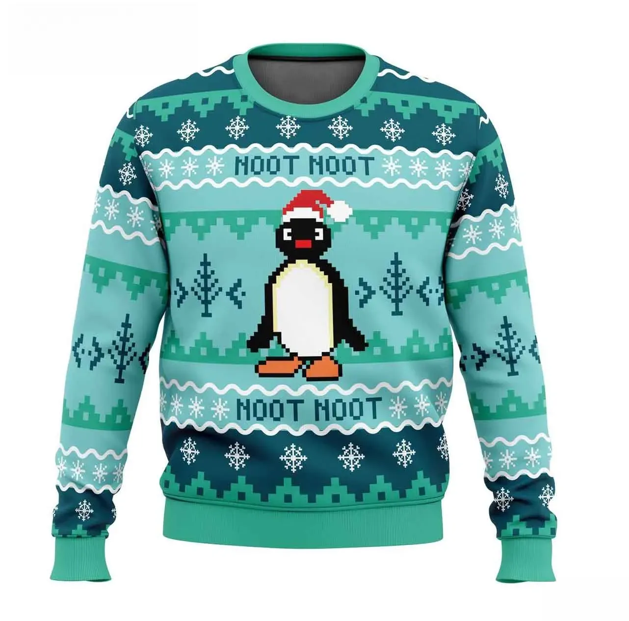 Noot Noot Pingu Christmas Ugly Sweater, Cute Penguin Holiday Sweater, Pixel Pingu Santa Hat Unisex All Over Print Xmas Jumper