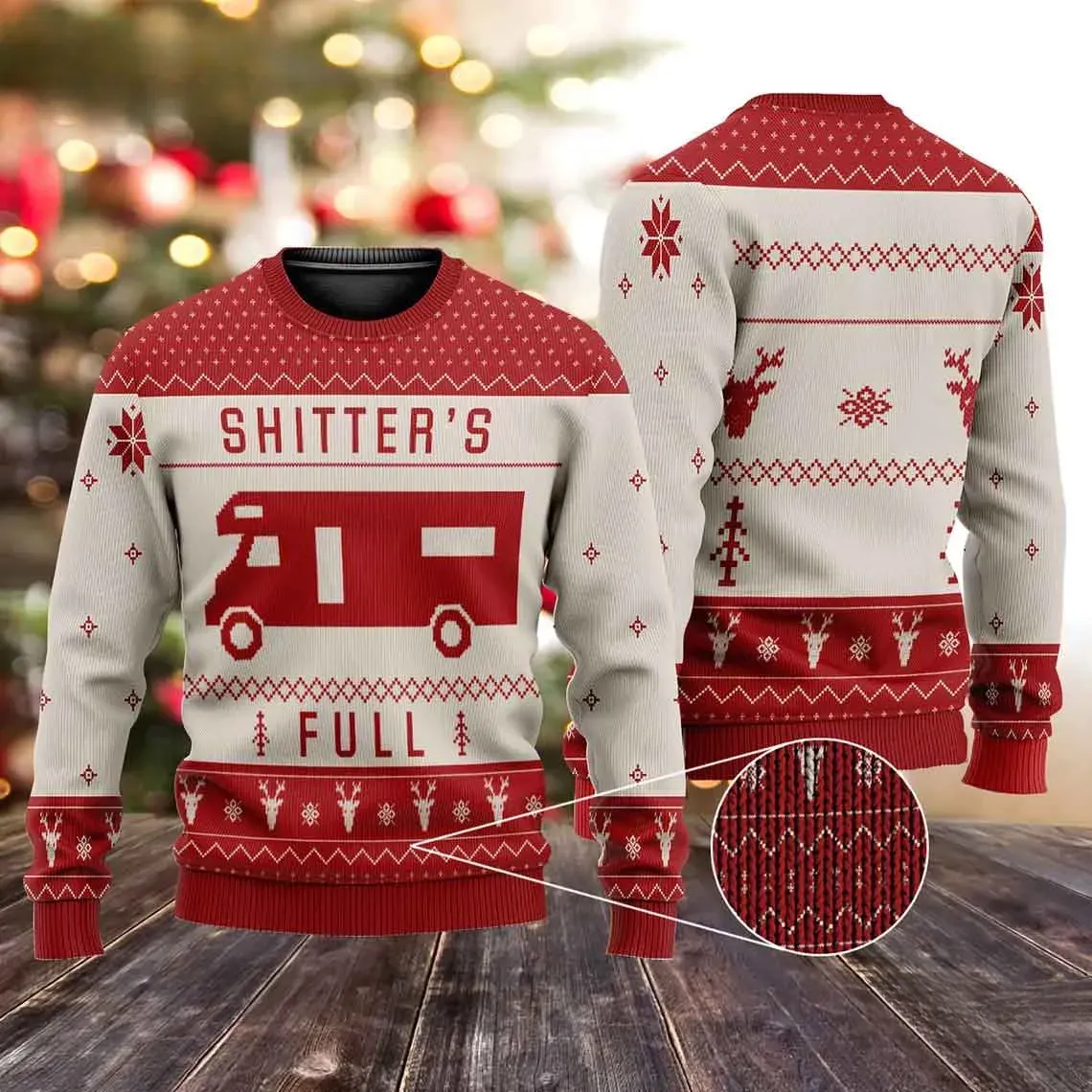 Shitter's Full Christmas Ugly Sweater, Funny RV Camper Holiday Sweater, Red and Cream Reindeer Knit Sweatshirt, Movie Quote Xmas Party