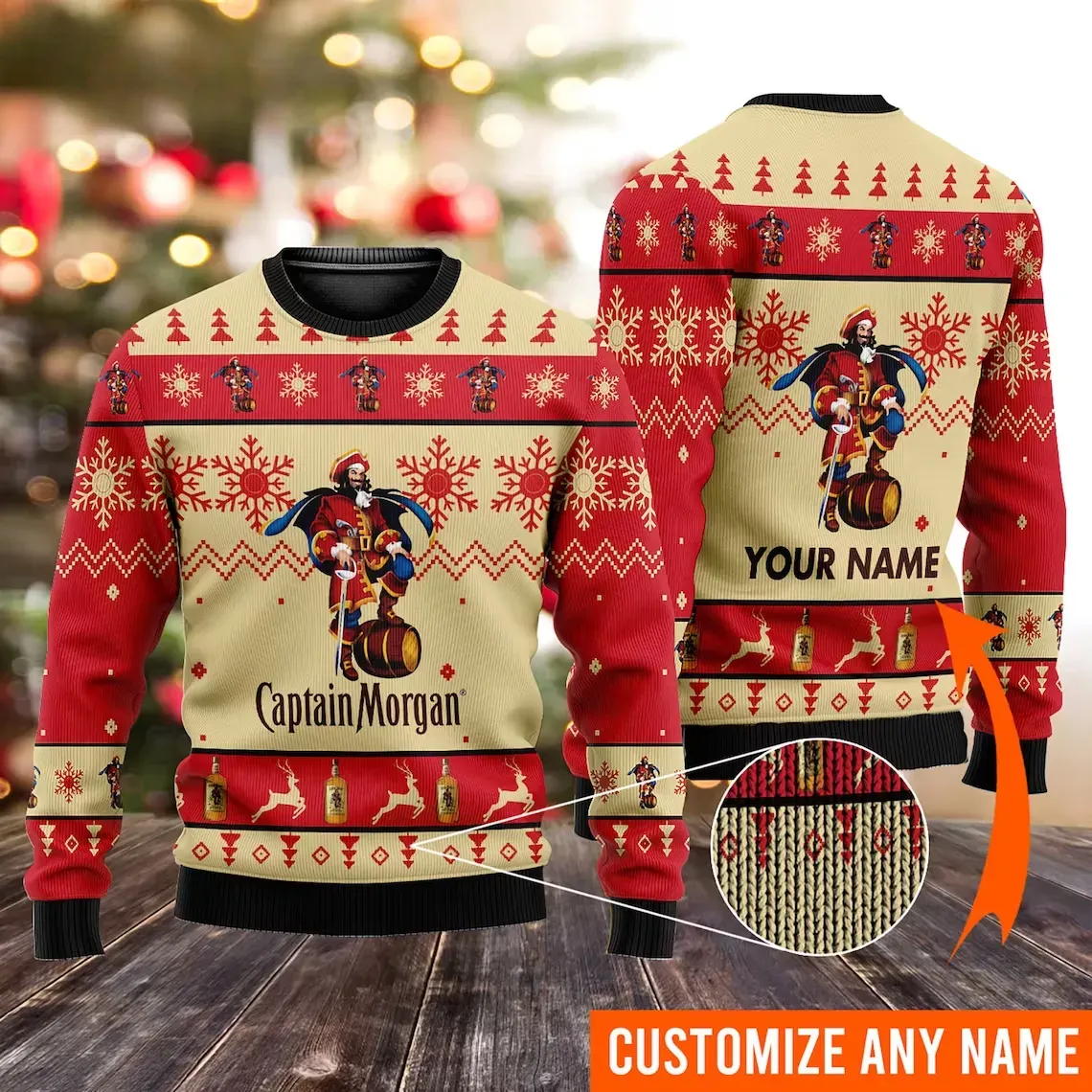 Captain Morgan Personalized Ugly Christmas Sweater, Custom Name Rum Lover Holiday Sweater, Unisex All Over Print Xmas Jumper