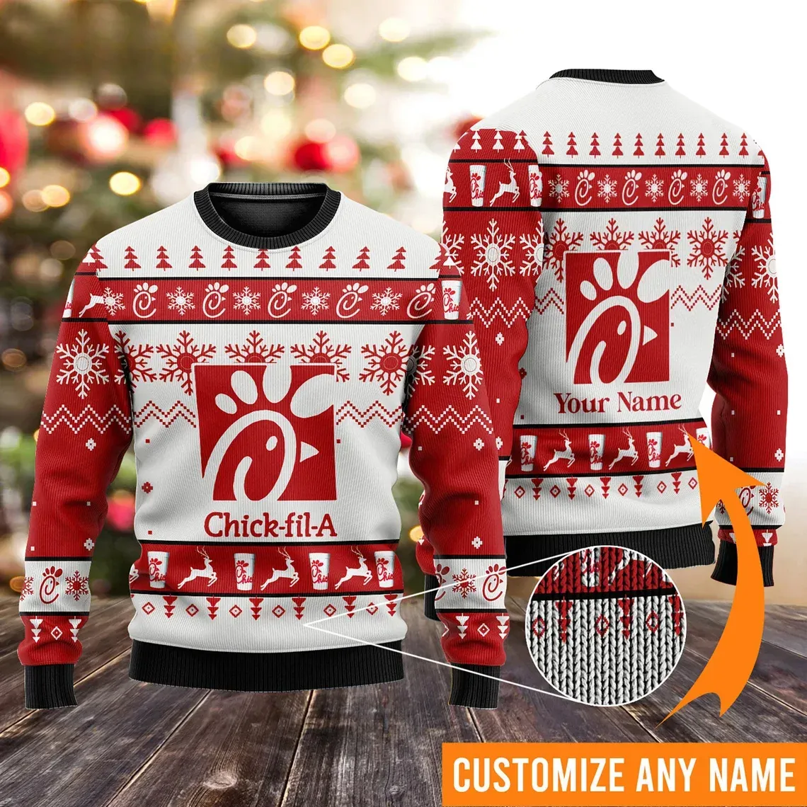 Chick Fil A Personalized Ugly Christmas Sweater, Custom Name Chick-fil-A Holiday Sweater, Unisex All Over Print Xmas Sweatshirt