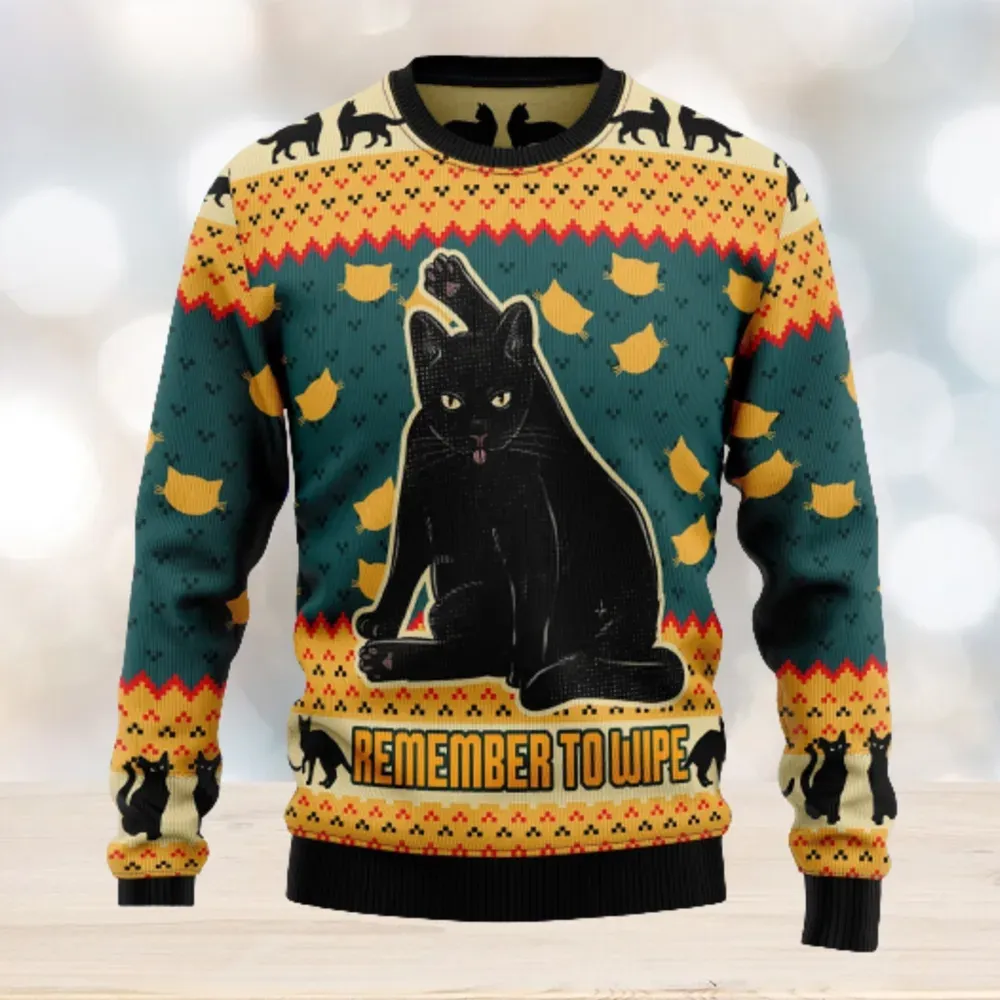 Black Cat Christmas Ugly Sweater, Remember to Wipe Funny Cat Holiday Sweater, Cat Lover Xmas Gag Sweatshirt for Cat Moms and Dads