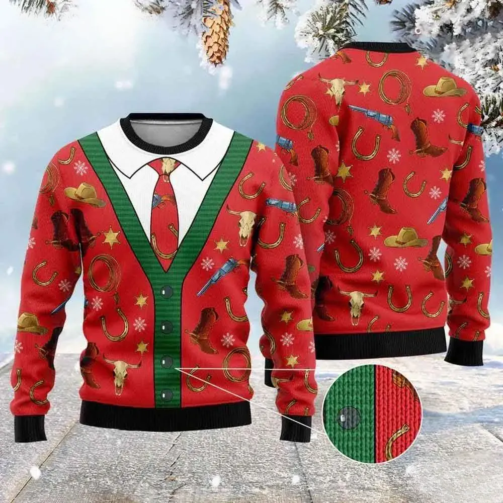 Cowboy Christmas Ugly Sweater, Western Holiday Sweater with Cowboy Hats Boots and Horseshoes, Unisex All Over Print Xmas Jumper