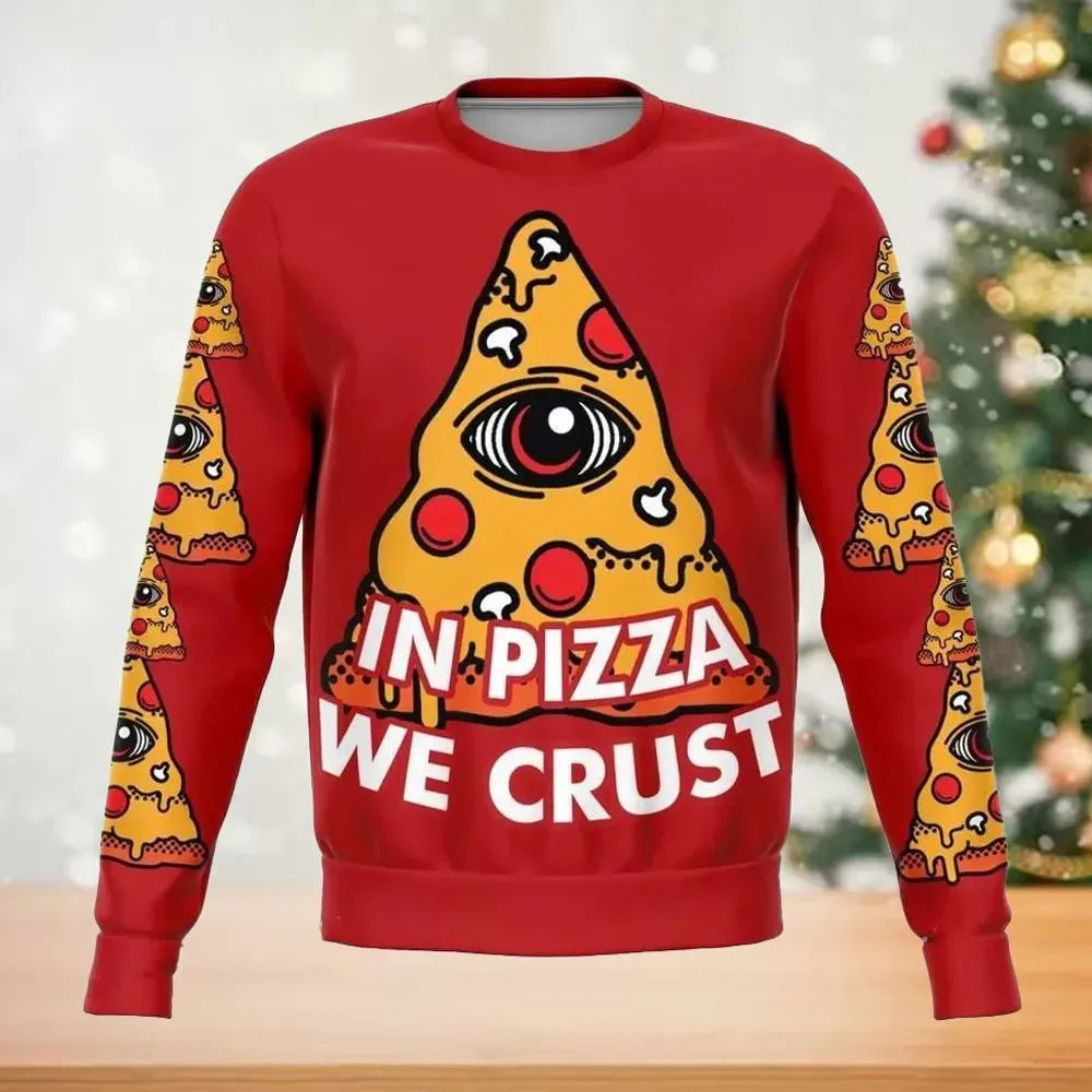 In Pizza We Crust Christmas Ugly Sweater, Funny Pizza Lover Holiday Sweater, Pepperoni Slice Foodie Xmas Party Sweatshirt
