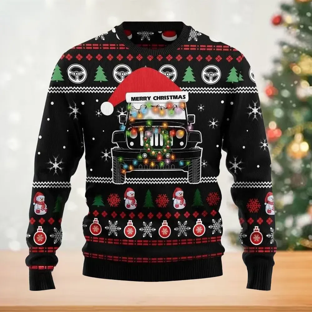 Jeep Merry Christmas Ugly Sweater, Off Road Jeep Lover Holiday Sweater, Santa Hat and Christmas Lights Xmas Sweatshirt for Drivers