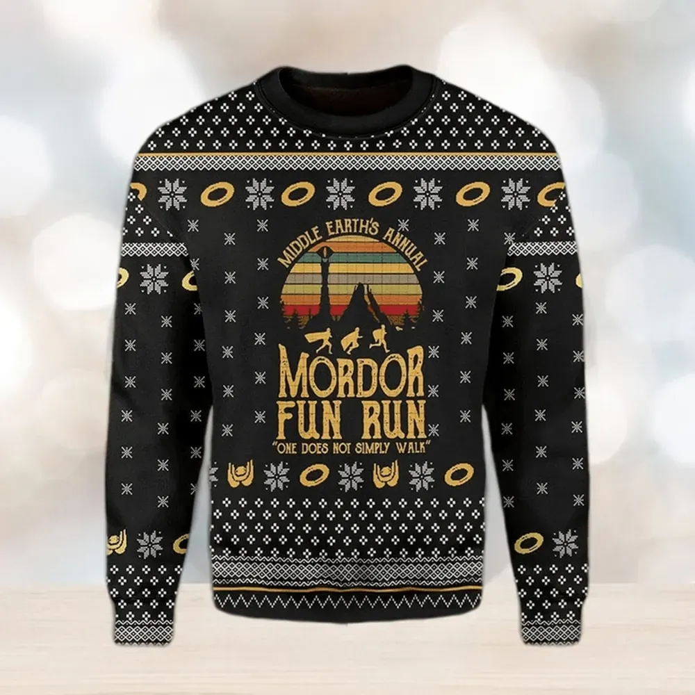 Middle Earth's Annual Mordor Fun Run One Does Not Simply Walk Ugly Sweater, Lord of the Rings Christmas Sweater, Fantasy Xmas Sweater