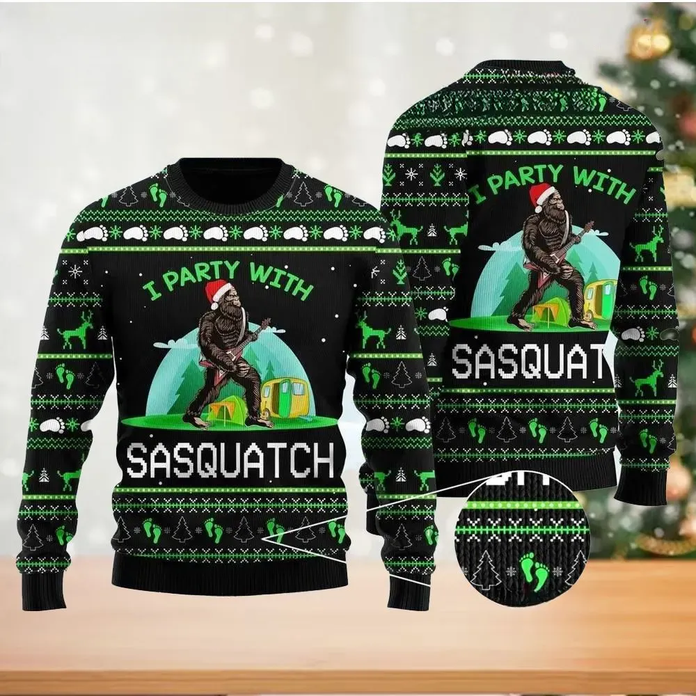 Bigfoot Sasquatch Camping Christmas Ugly Sweater, I Party With Sasquatch Funny Holiday Sweater, Guitar Rocker Xmas Sweatshirt