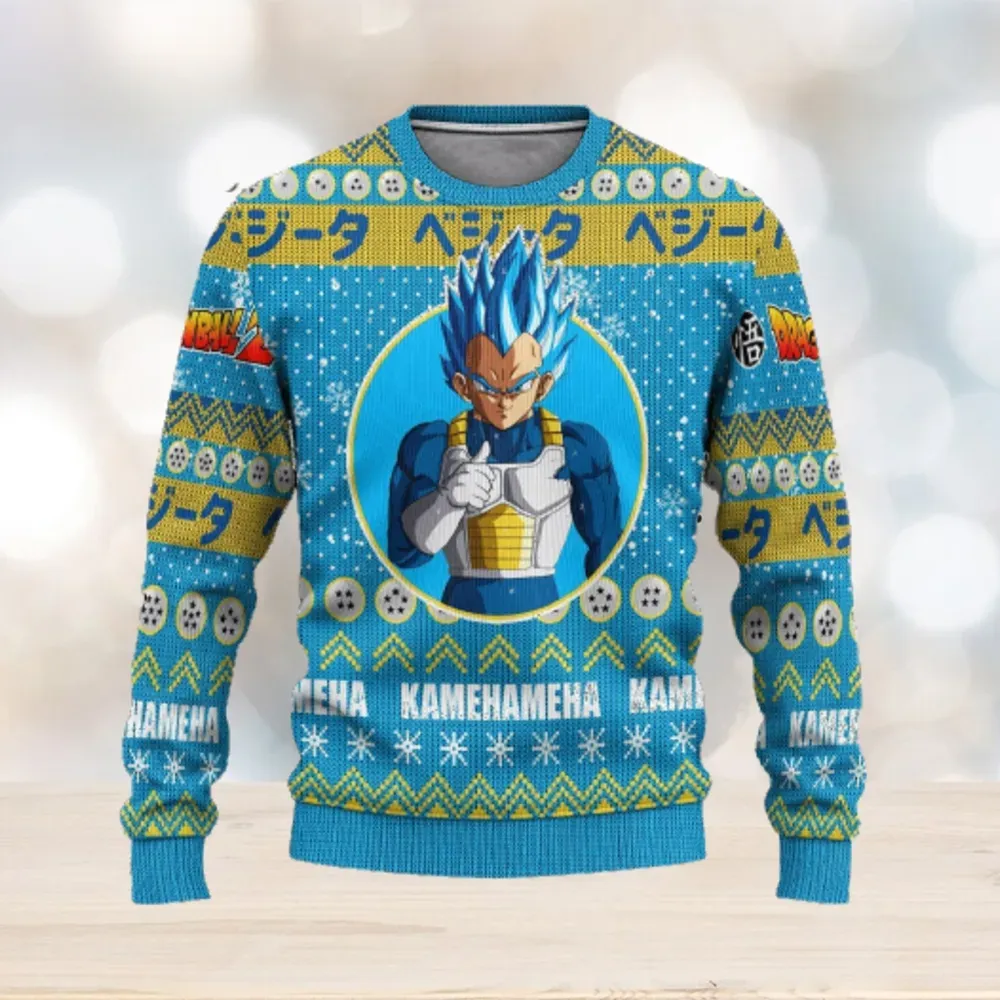 Vegeta Dragon Ball Z Anime Xmas Ugly Sweater, Super Saiyan Blue Holiday Sweater, DBZ Kamehameha Christmas Sweatshirt
