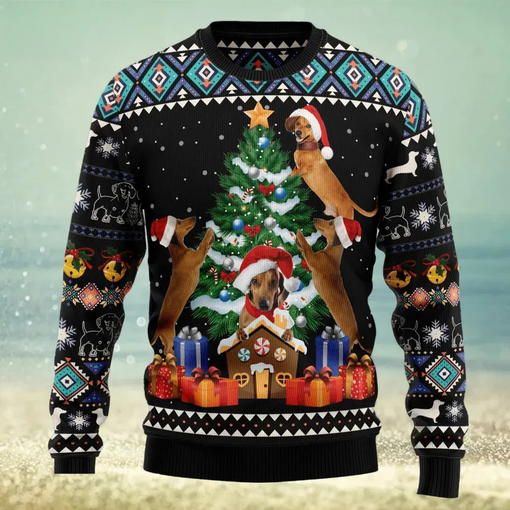 Dachshund Christmas Tree Ugly Sweater, Wiener Dogs in Santa Hats Holiday Sweater, Black Aztec Pattern Xmas Sweatshirt for Dog Moms