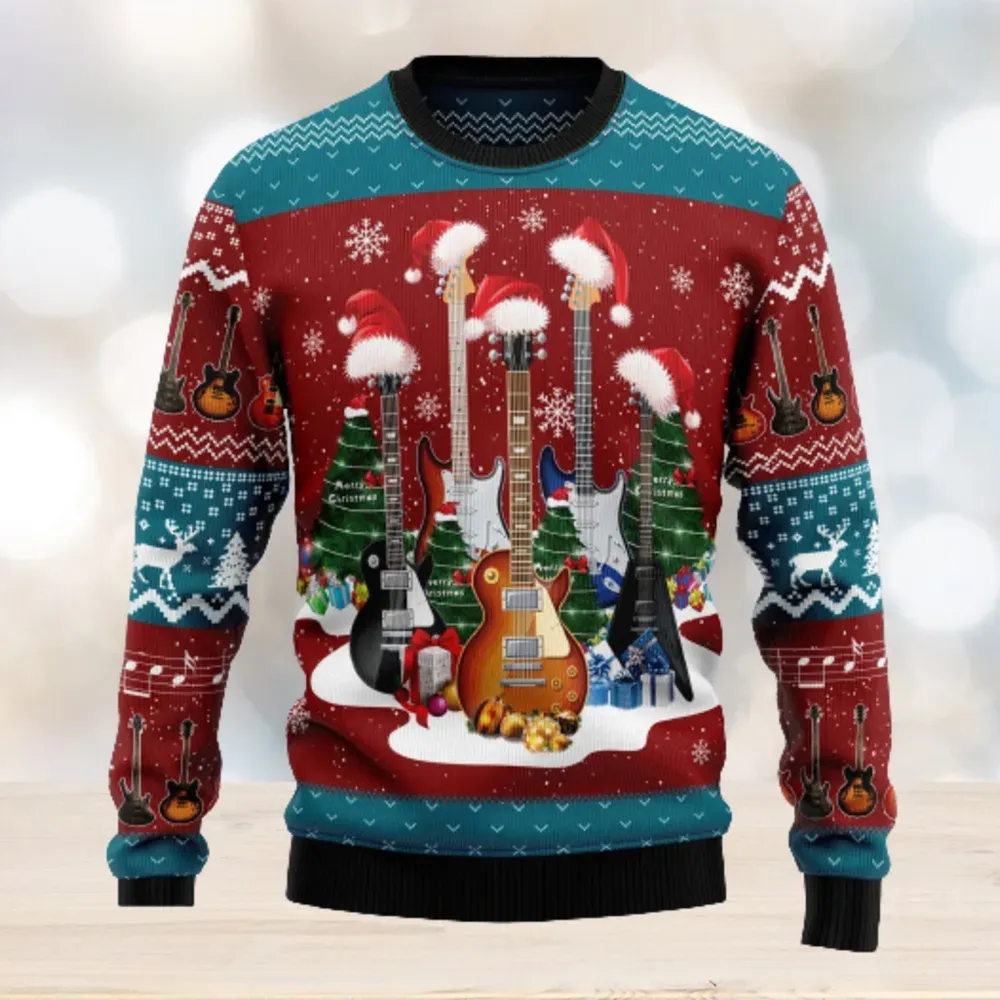 Guitar Jolly Xmas Ugly Sweater, Electric Guitars in Santa Hats Christmas Holiday Sweater, Rock Music Lover Sweatshirt for Musicians