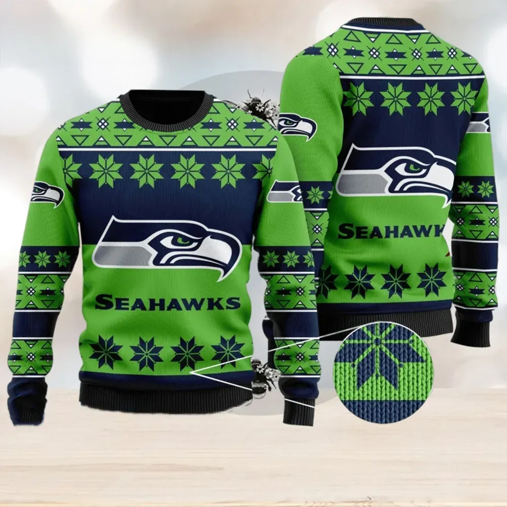 Seattle Seahawks Snowflakes Pattern Ugly Christmas Sweater, Football Fan Holiday Sweater, Unisex All Over Print Xmas Jumper
