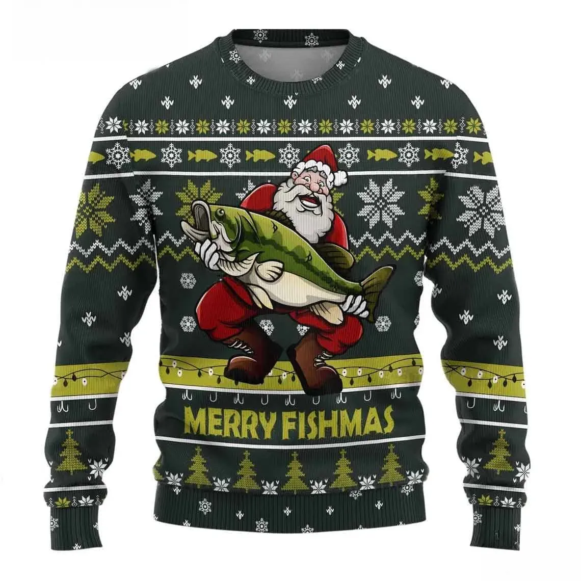 Merry Fishmas Santa Fish Ugly Christmas Sweater, Funny Fishing Holiday Sweater, Bass Fishing Xmas Sweater for Fishermen