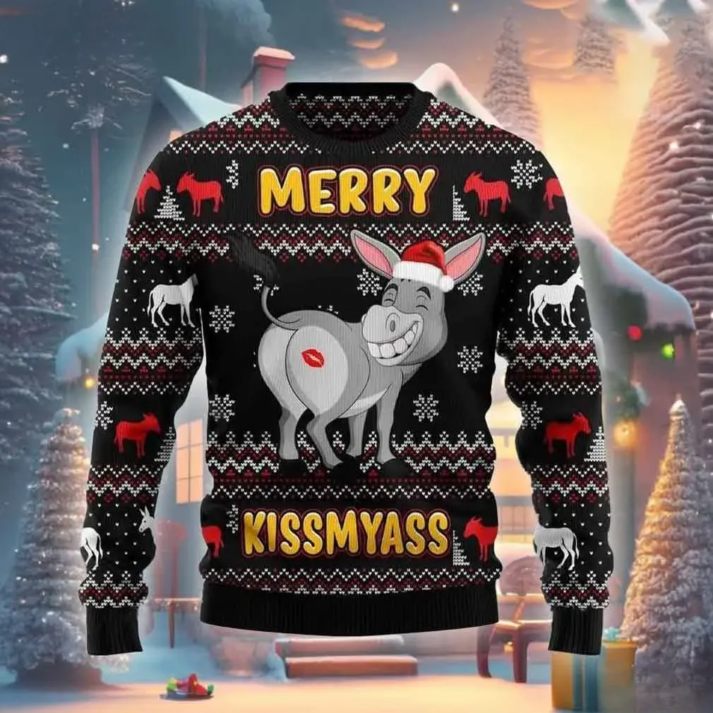 Donkey Merry Kissmyass Ugly Sweater, Funny Christmas Butt Joke Holiday Sweater, Rude Gag Xmas Sweatshirt, White Elephant Party Adult Humor