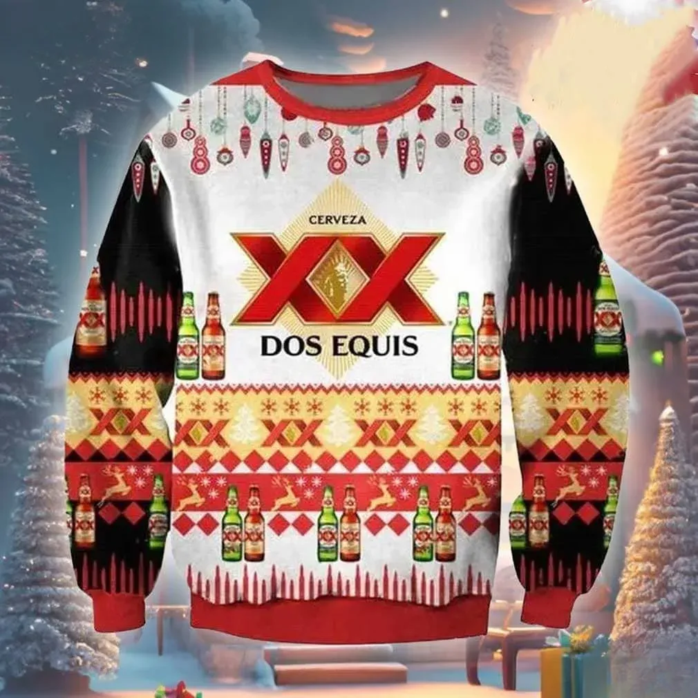 Dos Equis Beer Logo Ugly Christmas Sweater, Mexican Beer Holiday Sweater, All Over Print XX Cerveza Xmas Sweater for Beer Lovers