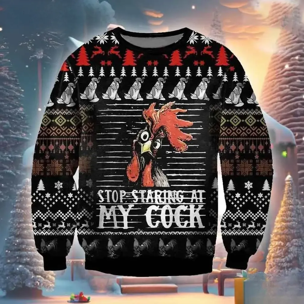 Stop Staring At My Cock Ugly Christmas Sweater, Funny Rooster Chicken Lover Holiday Sweater, Nordic Xmas Party Sweater