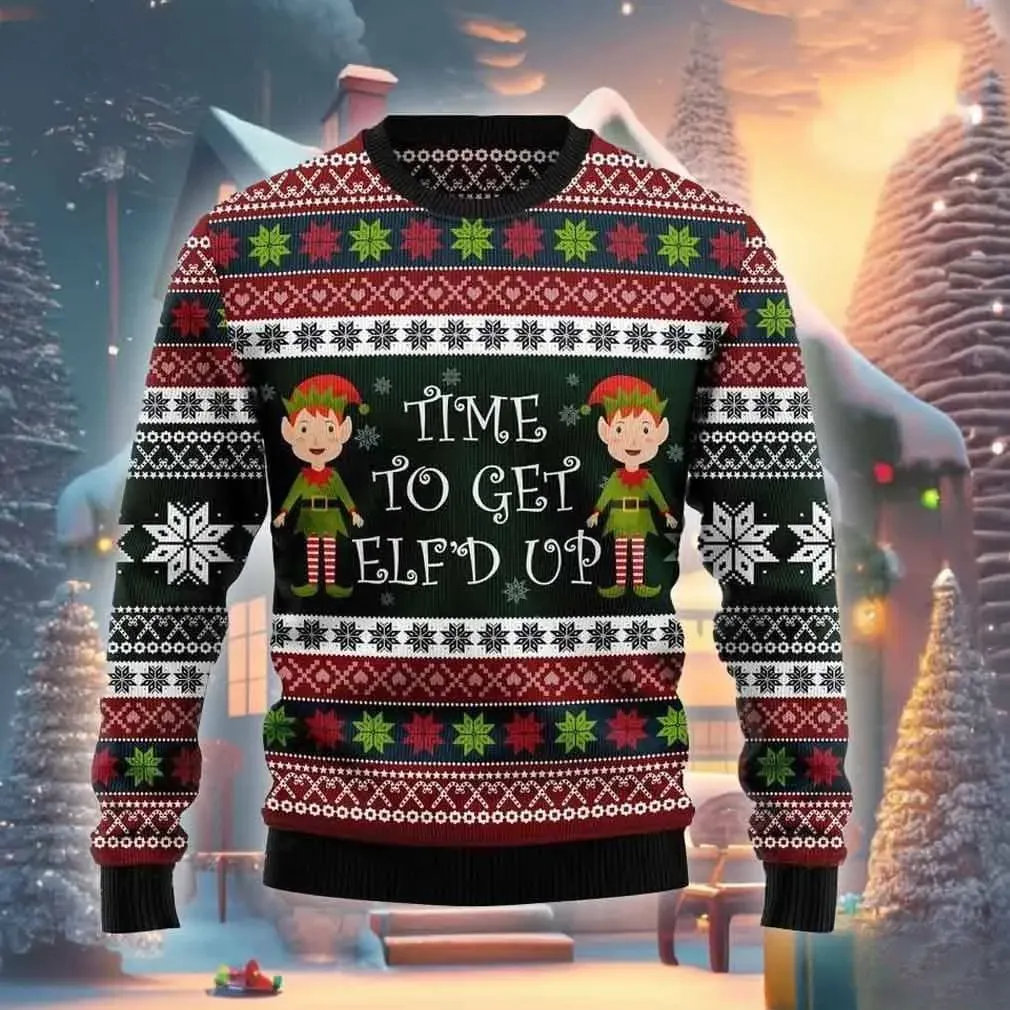 Elf Time To Get Elf'd Up Ugly Sweater, Funny Christmas Elves Pun Holiday Sweater, Red and Green Fair Isle Xmas Party Sweatshirt