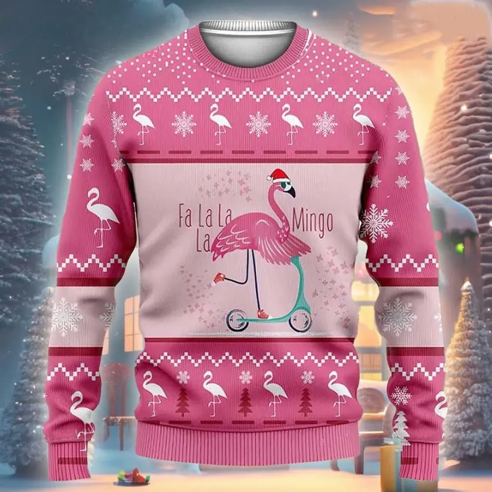 Flamingo Fa La La La Mingo Ugly Sweater, Pink Bird Riding a Scooter Christmas Holiday Sweater, Cute Tropical Xmas Sweatshirt