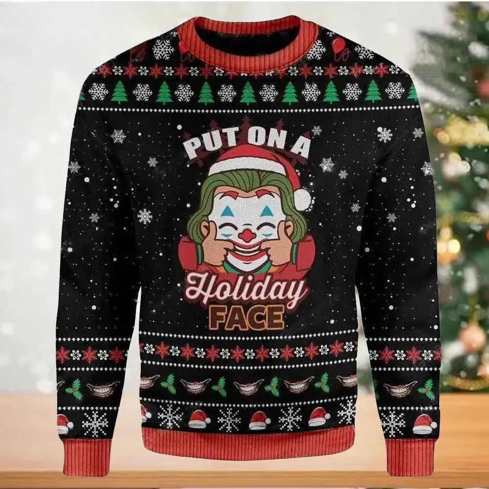 Joker Put On A Holiday Face Ugly Sweater, Joker Clown Makeup Santa Hat Christmas Sweater, Black Snowflake Movie Xmas Sweatshirt