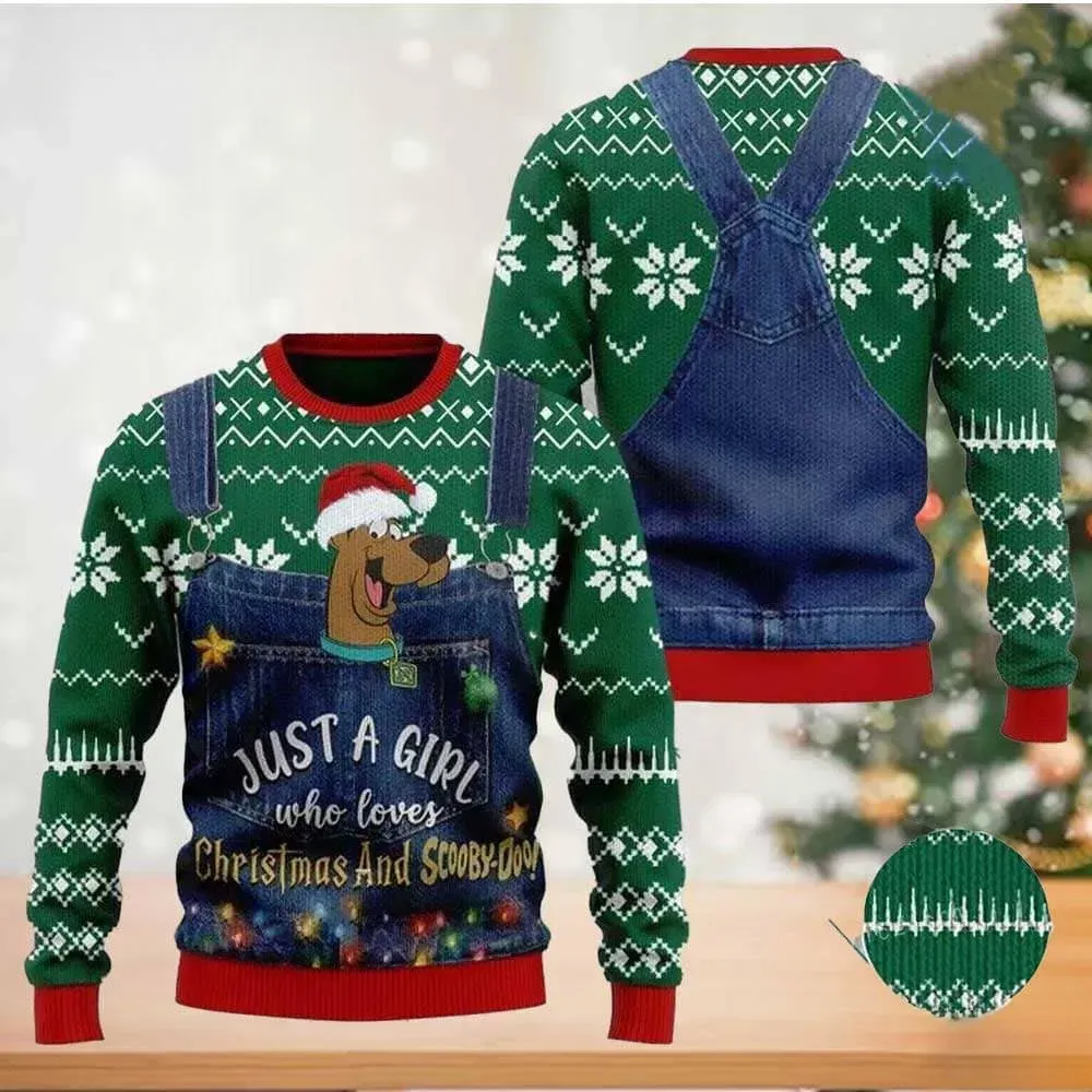 Just A Girl Who Loves Christmas And Scooby Doo Ugly Sweater, Scooby-Doo Faux Denim Overalls Holiday Sweater, Green Xmas Sweatshirt