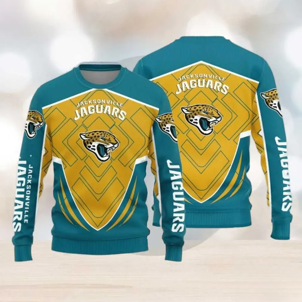 Jacksonville Jaguars 3D Sweater Christmas, Teal and Gold Jaguar Head Logo Ugly Holiday Sweater, Sport Fans Football Xmas Sweatshirt