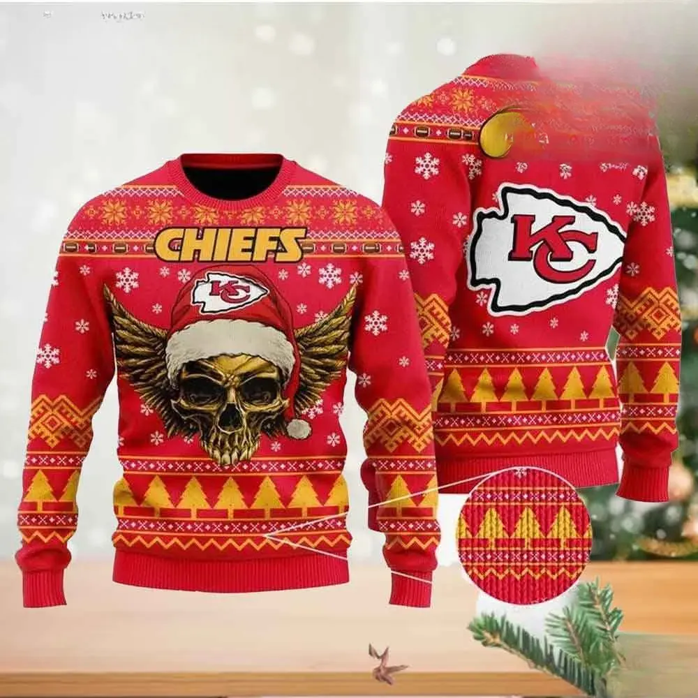 Kansas City Chiefs Skull Christmas Ugly Sweater, Winged Skull in Santa Hat Holiday Sweater, Red and Gold Football Xmas Sweatshirt