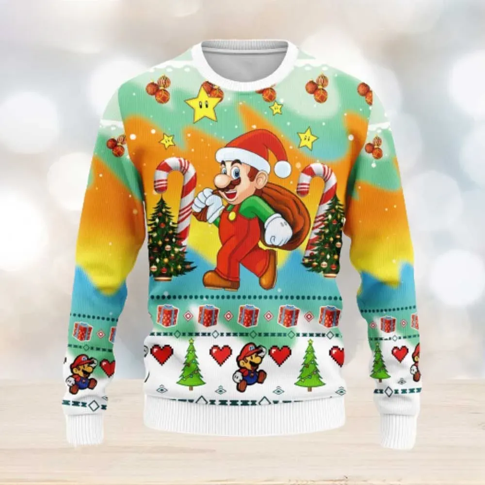Mario Christmas Ugly Sweater, Super Mario Santa Hat With Toy Sack Holiday Sweater, Rainbow Nintendo Video Game Xmas Sweatshirt For Fans