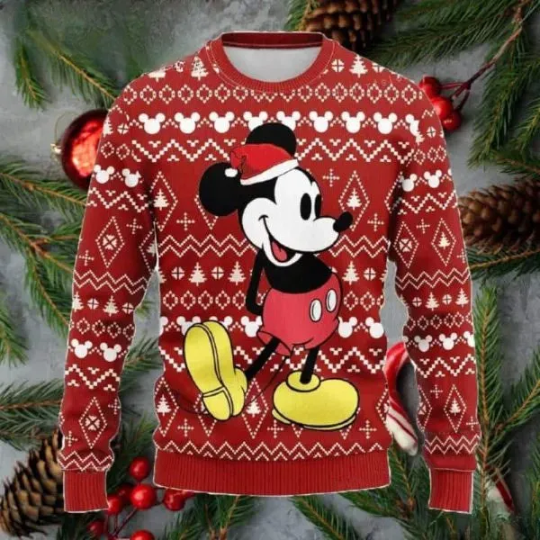 Mickey Hat Ugly Sweater, Classic Mickey Mouse in Santa Hat Christmas Holiday Sweater, Red Fair Isle Disney Xmas Sweatshirt