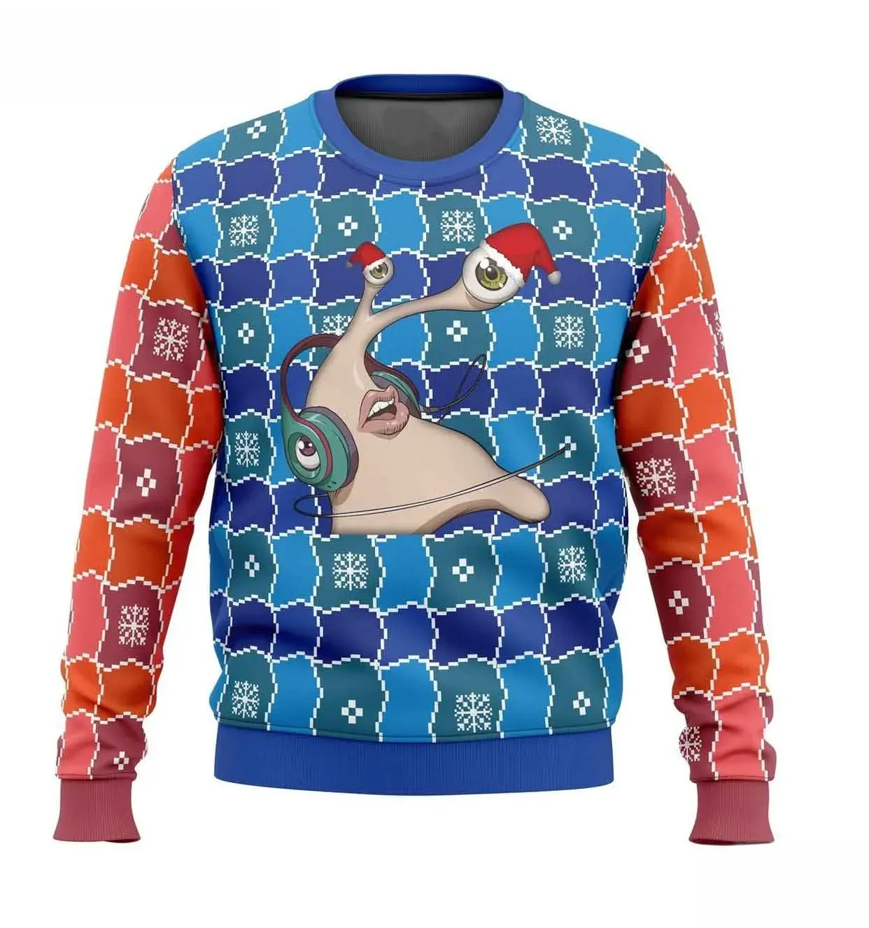 Migi Parasyte Christmas Ugly Sweater, Migi with Santa Hats and Headphones Anime Holiday Sweater, Blue and Orange Xmas Sweatshirt