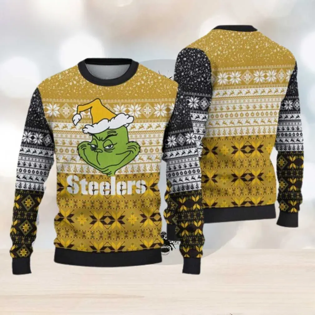Pittsburgh Steelers Christmas Ugly Sweater, Grinch Santa Hat Holiday Sweater, Gold and Black Fair Isle Football Xmas Sweatshirt