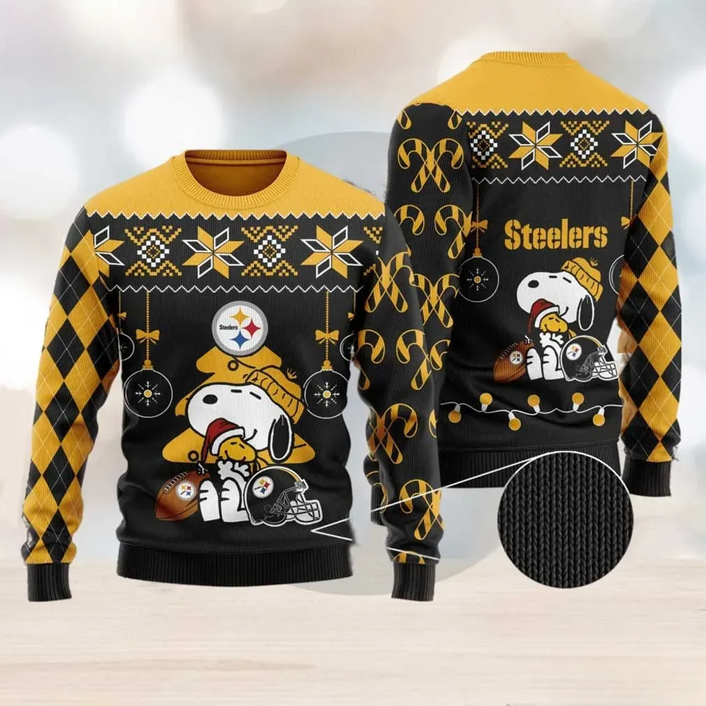 Pittsburgh Steelers Ugly Sweater, Snoopy and Woodstock Christmas Holiday Sweater, Black and Gold Football Xmas Sweatshirt